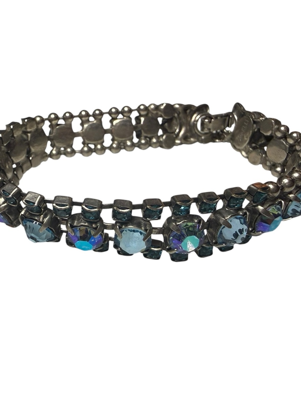 Signed Sorrelli Blue Aurora Borealis Crystal Rhinestone Bracelet Silver Tone - Picture 3 of 8